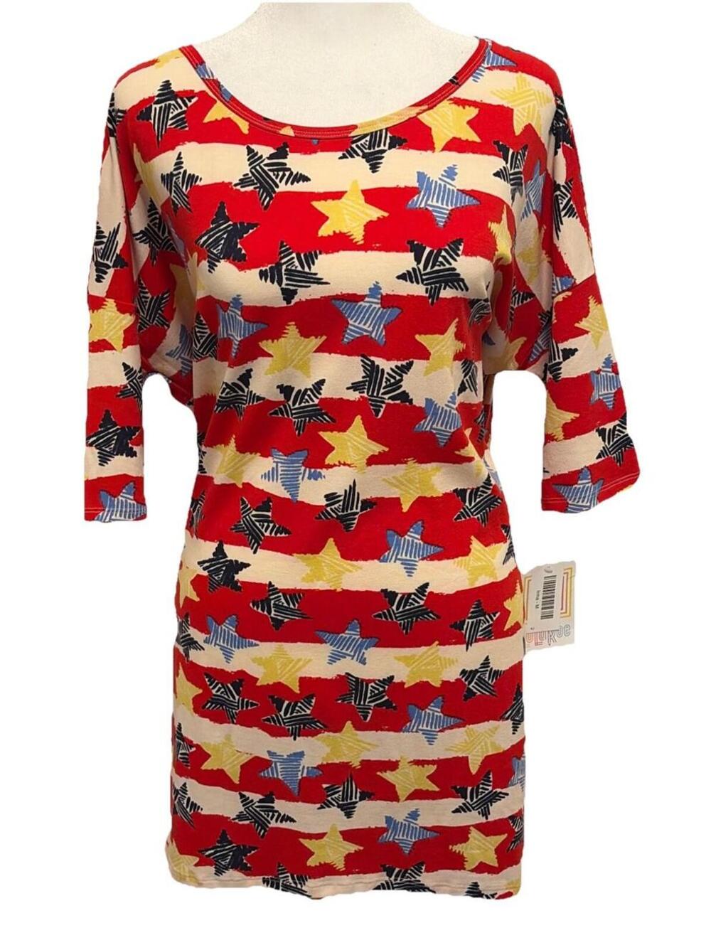NWT LuLaRoe MED Irma Tunic Top Blue /Yellow Stars On Red / White Stripes (12-14)